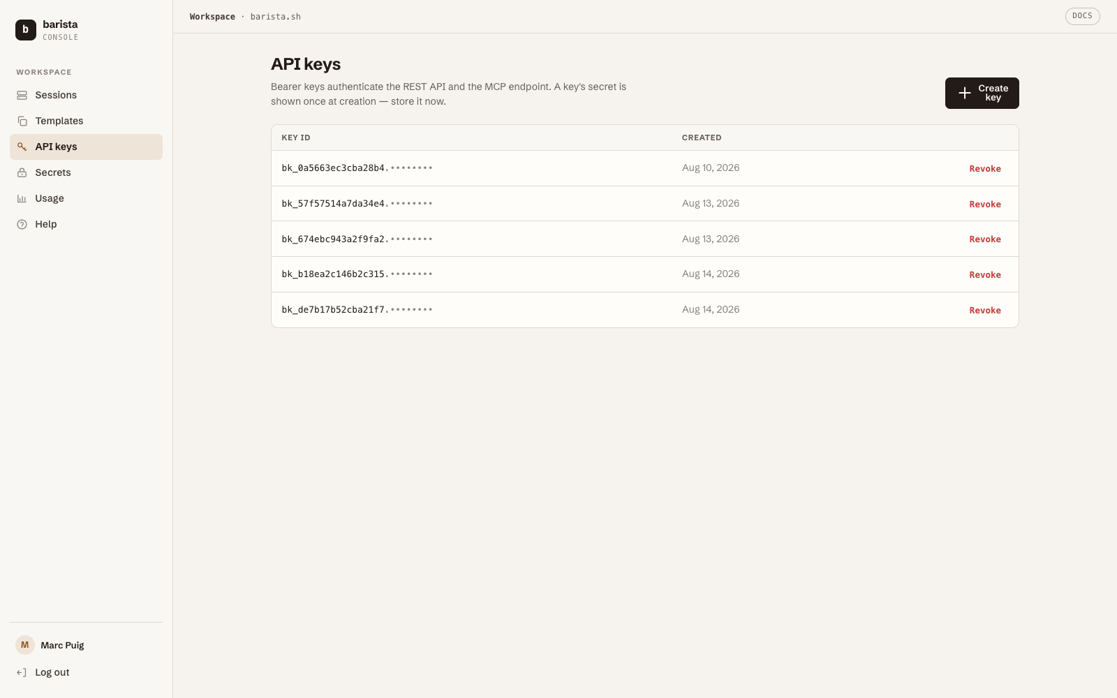 The console's API keys page — create a key here; the secret is shown once at creation