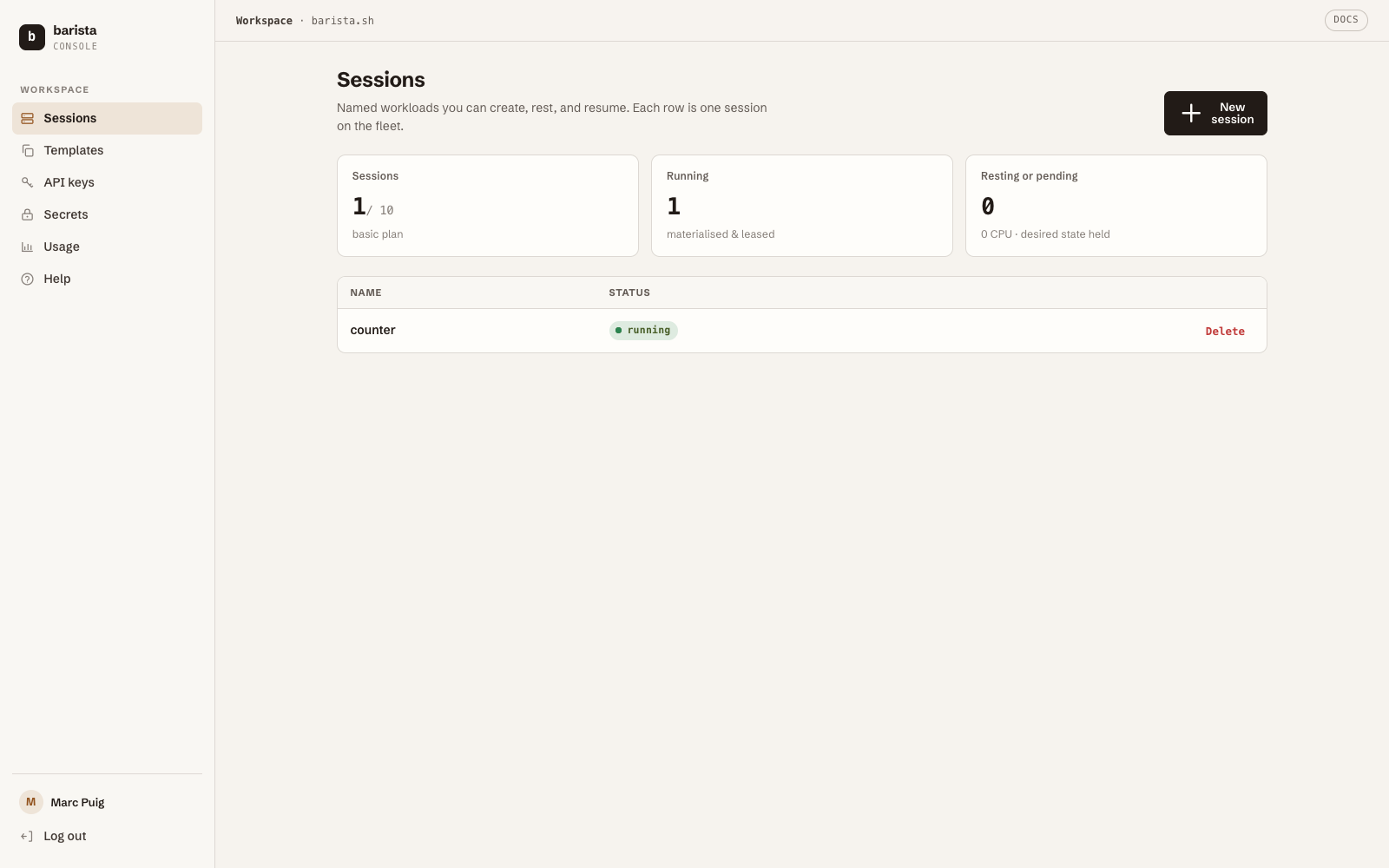 The console's Sessions page with a running session