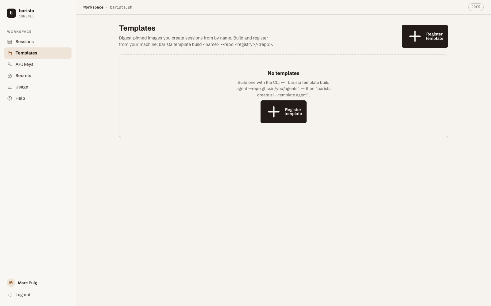 The console's Templates page