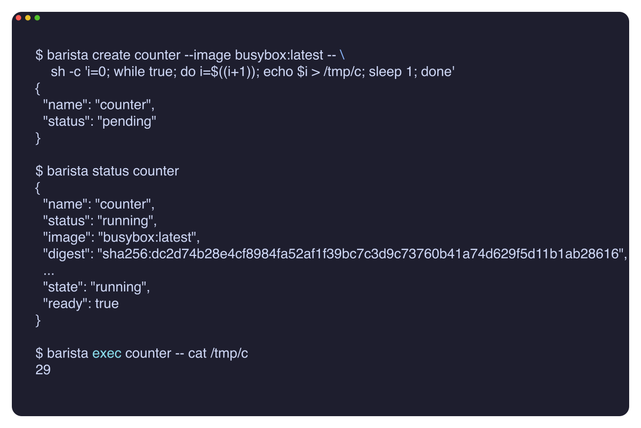 Create the counter session, confirm it is running, and read the count