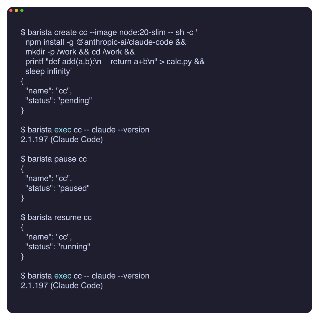 A live run: create the session, verify Claude Code, and freeze/thaw it — the install survives the pause