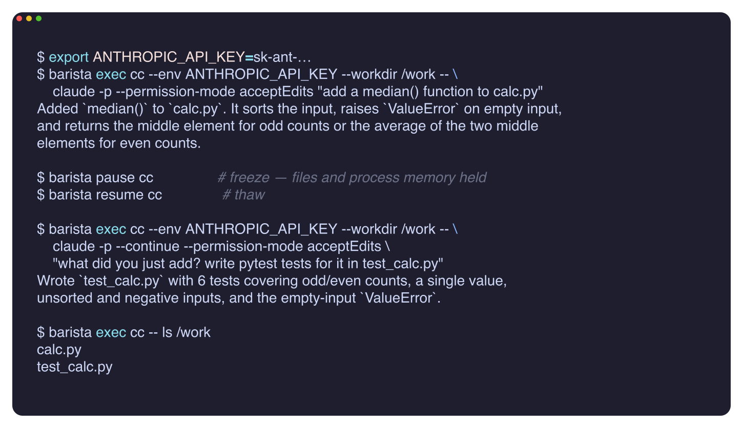 Headless conversation across pause/resume: median() added, freeze, thaw, --continue writes the tests
