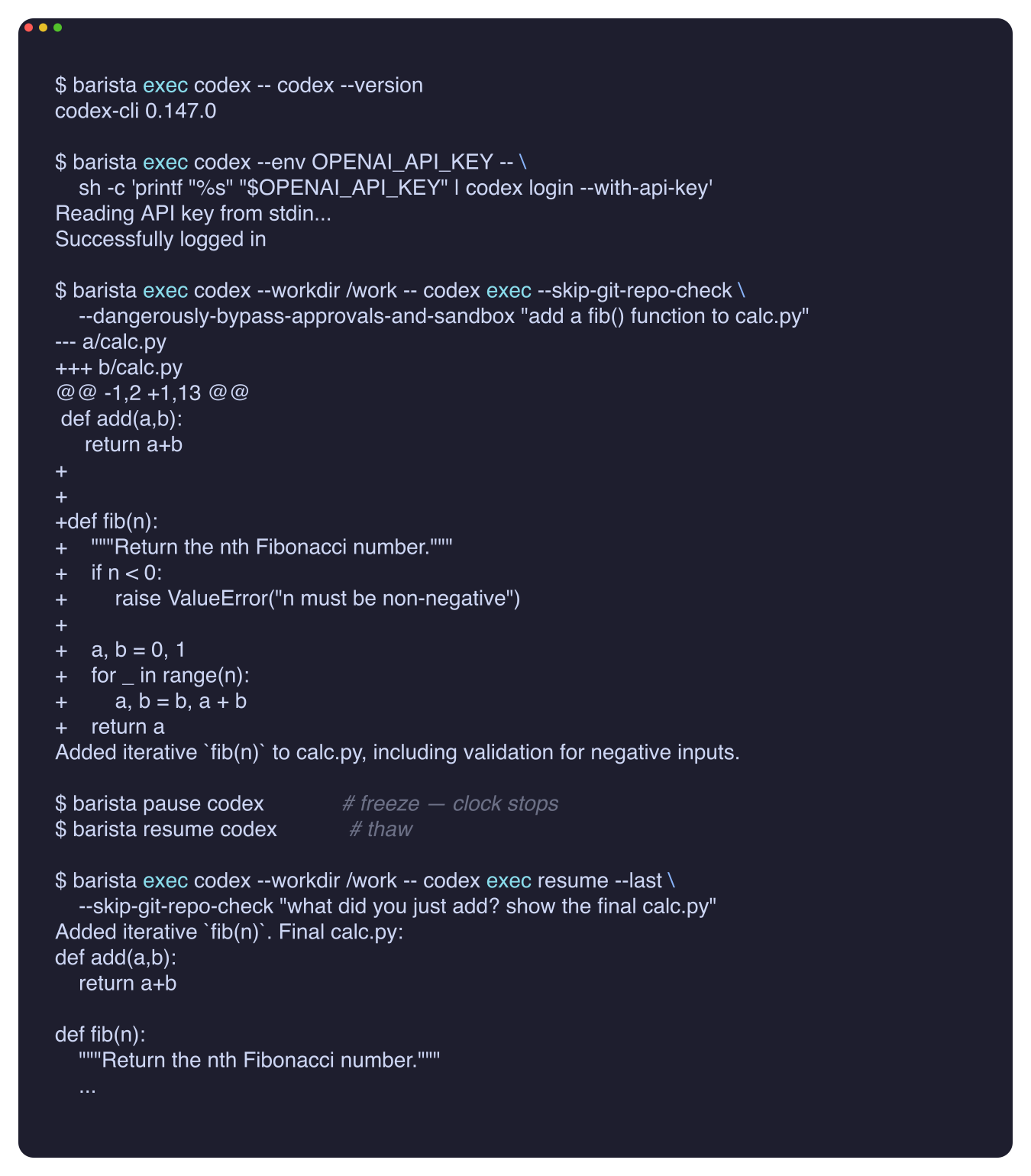 A live Codex run: login, fib() added, pause/resume, and the resumed conversation