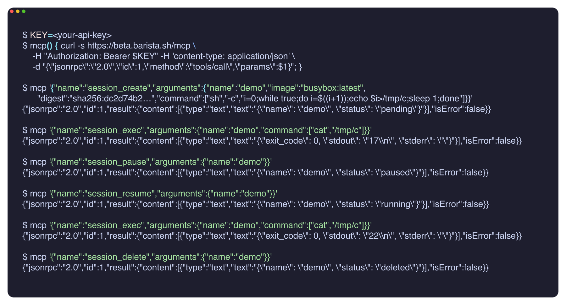 The full MCP lifecycle over JSON-RPC — the count survives the park