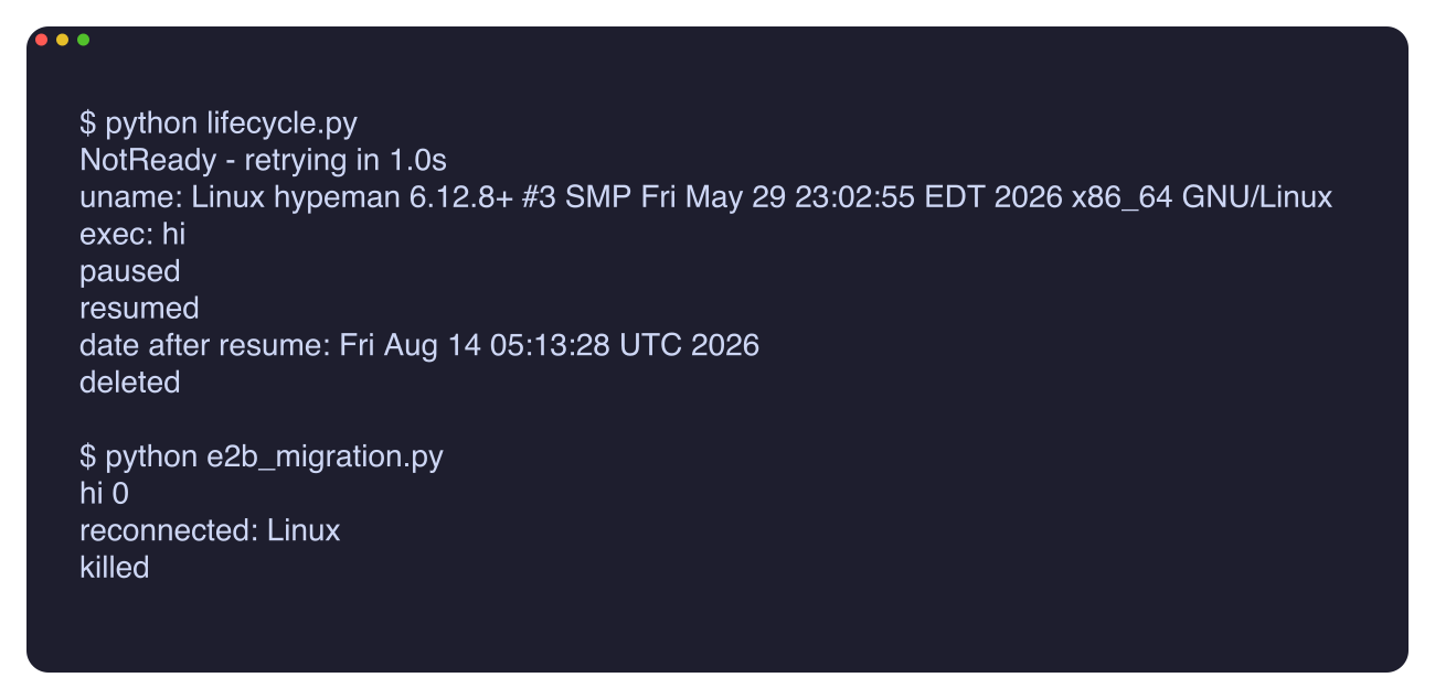 A live run of the lifecycle and the E2B shim: NotReady retry, exec, pause, resume, delete